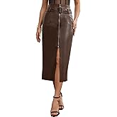 Women's Zip Up Midi Leather Skirt with Belt High Waist Split Leather Skirt