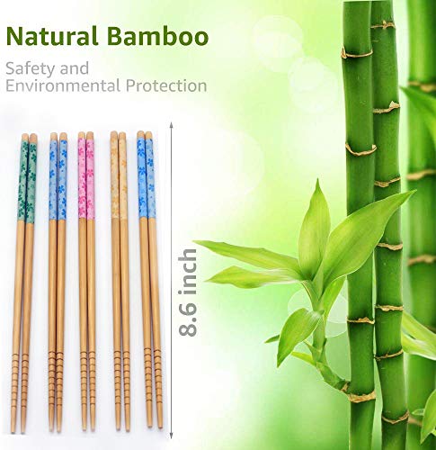 Chopsticks and Chopstick Rest Set, Broad beans Chopsticks Holder 5, Classic Japanese Style Bamboo Natural Reusable Chopsticks, Dishwasher - Safe, Chopsticks Holder Gift Set 5 Pairs (Cherry blossom)