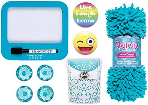 Locker Accessories Bundle with 3C4G Blue Rug, Room Lookz Storage Bin, 5 Star Dry Erase Board, Locker Lookz Magnets and PartyMoji 2017 Limited Edition Emoji, Quote Magnets (5 Items)