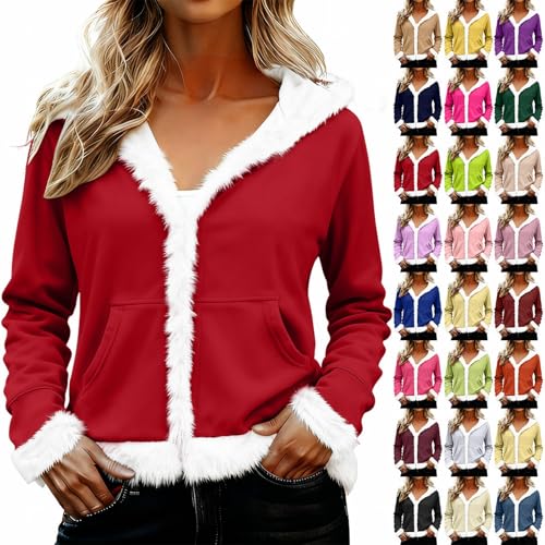 Fleece Jacket Women Winter Warm Sherpa Lined Zip Up Hoodie Ladies Soft Plush Faux Fur Trim Coat Christmas Outfit Fluffy Cozy Hooded Outerwear (Christmas Red, S)