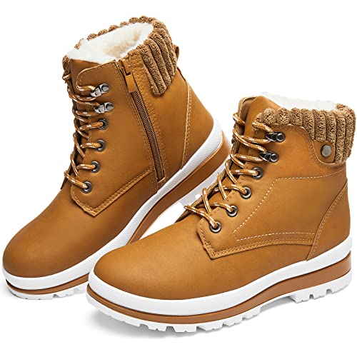 Photo 1 of BABUDOG Womens Waterproof Ankle Boots for Outdoor (Non Slip Outsole),Fashion Combat Boots with Side Zipper,Warm Fur Lined Winter Snow Boots(Brown.US8)