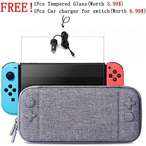 Slim Case and Tempered Glass Screen Protector and Car Charger for Nintendo Switch - Protective Travel Carrying Case with 10 Game Cartridges, Hard Shell Pouch for Nintendo Switch Console