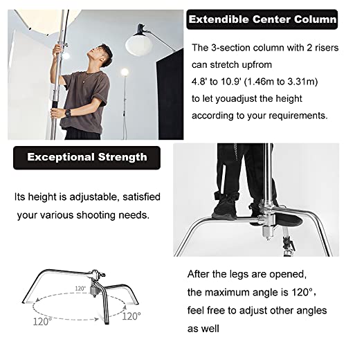 Heavy Duty C Stand 10.8ft/330cm with Holding Arm Carry Bag Sandbag 3*Clip 2*Grip Head Stainless Steel Photography Light Stand C-Stand Sturdy for Photography Studio Video Monolight Softbox Shooting