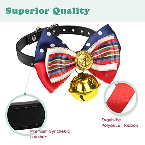 Vavopaw Pet Bowtie Collar, [2 Pack] Puppy Necktie Leather Belt Cute Bowknot Adjustable Small Dog Cat Necklace Collar with Bell Charm, Medium Size - Grid & Stripes