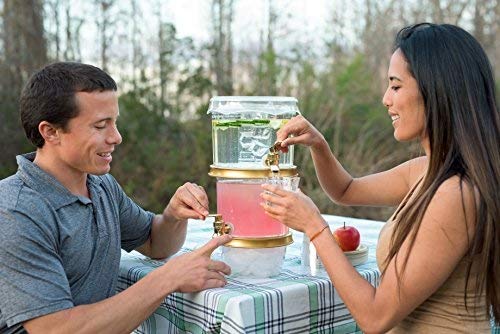 Adorn Home - Crystal Clear 2-Tier Ice Beverage Dispenser | Outdoor/Indoor Drink Beverage Dispenser | 2-Tier, 3 Ice Chambers & 2 Gold plated Faucets | Decorative,Stylish Lid Cover and Cup Tray