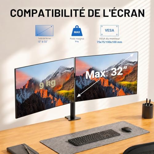 GRIFEMA GB2001-2, 2 Screen PC Monitor Stand for 13-32 Inches, PC Monitor Arm VESA 75 x 75-100 x 100 mm, 360° Rotation, ± 90° Angle Tilt, Height Adjustable, Maximum Weight 9 kg, Black