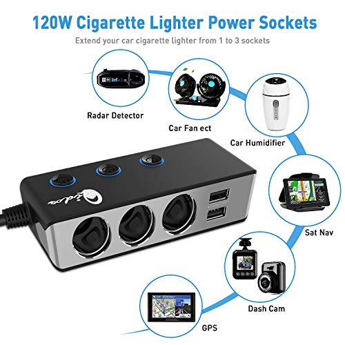 3Socket Cigarette Lighter Quick Charge 3.0, Qidoe 120W 12V/24V Car