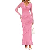 MEROKEETY Women's Fall Floral Long Sleeve Maxi Dress 2026 Cowl Neck Wedding Guest Ruffle Mesh Cocktail Bodycon Formal Dresses