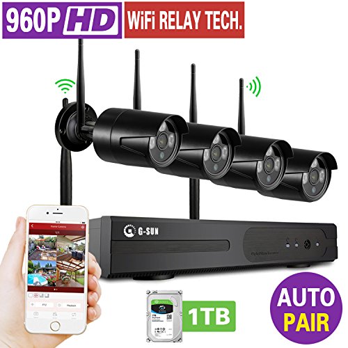 Home Security systme 4CH Wireless NVR Kit with 4PCS 960P HD 1.3MP IP Cameras auto-match 80ft/20M night vision Support P2P Wireless CCTV System (Built-in 1TB HDD)