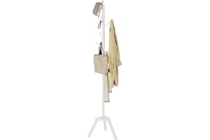 Sywhitta Coat Rack Stand, Premium Bamboo Free Standing Coat Rack with 6 Hooks, Easy Installation Clothes Hanger Stand, White