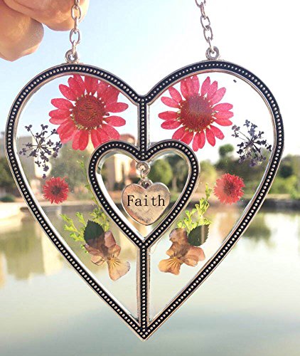 Tiffany Lamp & Gift Factory Faith Heart Suncatcher Silver Metal and Glass with Pressed Flower Heart and One Hanging Heart Shaped Charms (4.254.75-Faith)