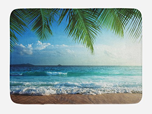 Ambesonne Ocean Bath Mat, Palms Tropical Island Beach Seashore Water Waves Hawaiian Nautical Marine, Plush Bathroom Decor Mat with Non Slip Backing, 29.5 W X 17.5 L Inches, Blue Green Turquoise