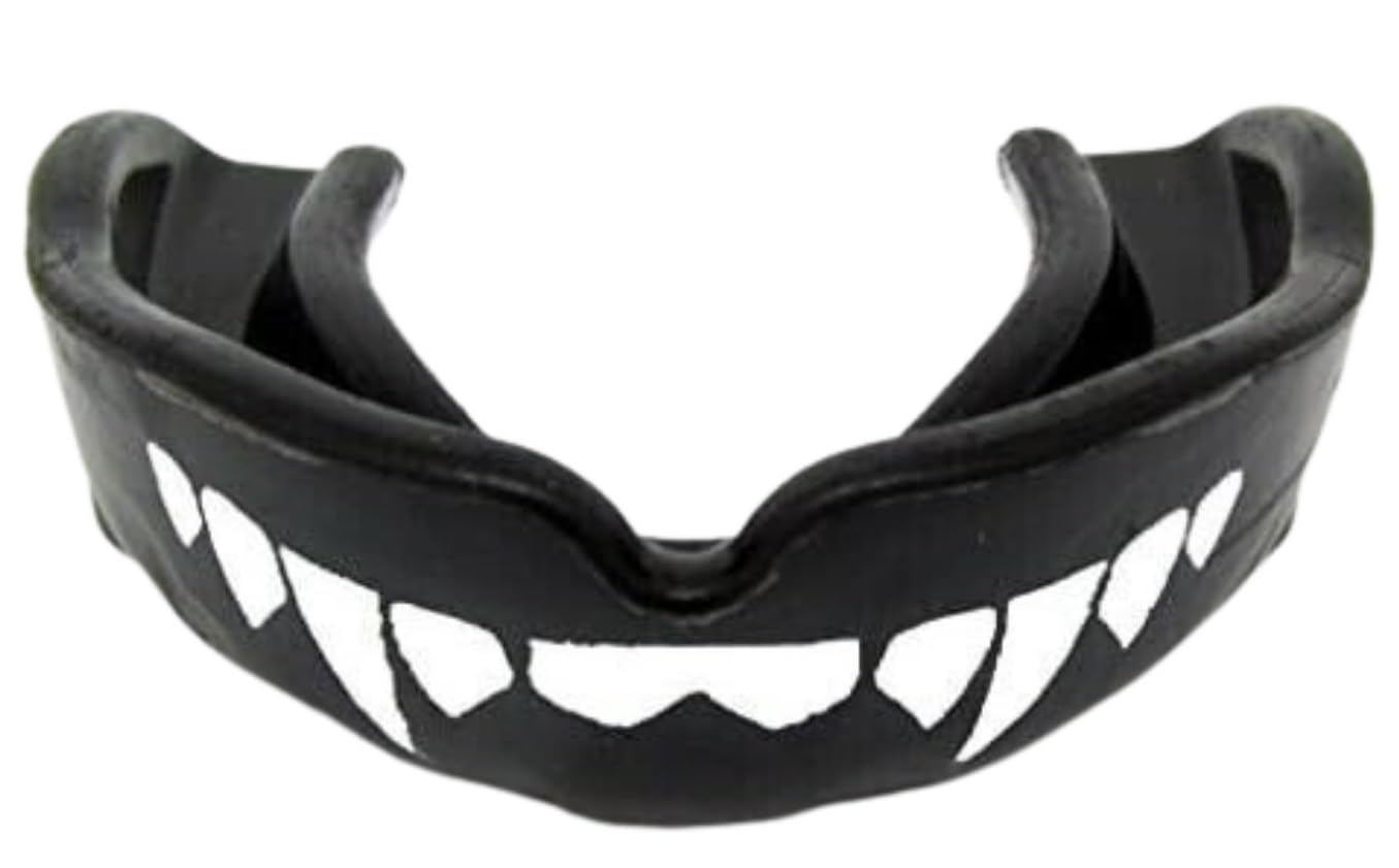 SHIHAN Mouth Guard Gum (BLACK) Shield Fangs Fang Gum Shield Mouth Guard Senior MMA Boxing Wrestling Protection Judo Rugby Football Hockey Baseball Karate Cricket Kickboxing Muay-Thai Cage & Octagon Free Fighting Vampire- Dracula Design Mouthguard EasyBoil & Bite for Men/Women (Black/White)