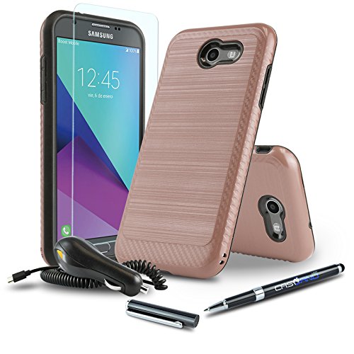 [Samsung Galaxy J3 Eclipse] Case [Bundle][Modern Series][Rose Gold] Hybrid Phone Cover [Dual Layer][Shockproof] with Car Charger, Screen Protector and CaselandUSA 2-in-1 Ball/Stylus Pen (Rose Gold)