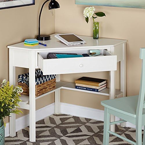 Contemporary Corner Computer Desk With Storage Drawer - Small Study Student Writing Table With Lower Shelf - Sturdy Engineered Wood Construction (Antique White)