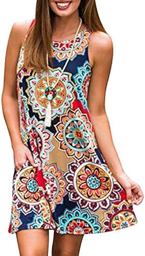 Women Casual T-Shirt Summer Dresses Floral Bohemian Dress Swing Boho Sundress Sleeveless with Pockets