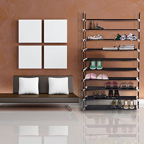 MaidMAX 10 Tiers Free Standing Shoe Rack for 50 Pairs of Shoes Organizer in Closet Entryway Hallway, Metal Frame and Fabric Shelves, 39.4 x 11.4 x 68.9'', Black