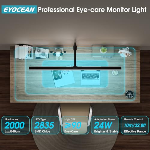EYOCEAN LED Desk Lamp with Remote Control, 24W 80cm, Dimmable Monitor Lamp, Daylight Lamp for Office Workers