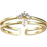 BlingNook Cubic Zirconia Rings For Women, Pearl Ring Trendy Crown Shape Copper Non Tarnish Stackable Engagement Statement Birthday Open Adjustable Jewelry Gift