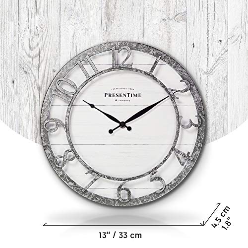 PresenTime & Co 13" Farmhouse Series Wall Clock, Quartz Movement, Shiplap Style,Raised 3D Arabic Numeral, Galvanized Finish