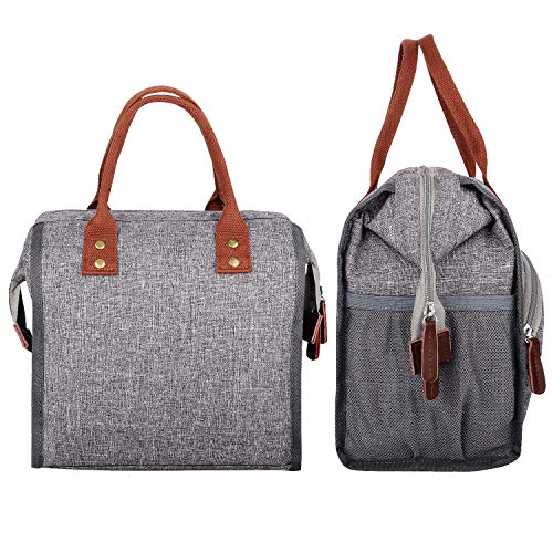 Lunch Bag, KOMUEE Insulated Lunch Box Wide-Open Lunch Tote Bag Large Drinks Holder Durable Nylon Thermal Snacks Organizer for Women Men Adults College Work Picnic Hiking Beach Fishing (grey)