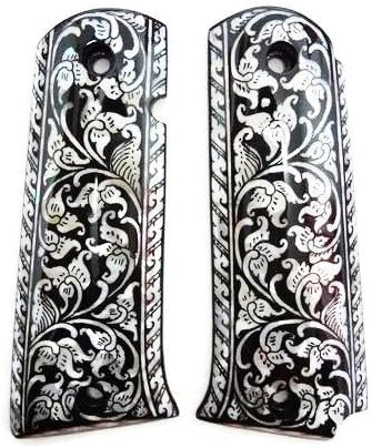 Mother of Pearl Inlay LLAMA 9mm Gun Grips Black Flower