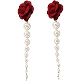 Camellia Long Tassel Pearl Earrings for Women Flower Earrings Simplicity White Pearl Camellia Stud Earrings Statement Earrings Flower Earring Present