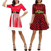 CactusAngui Casual Dress Fashion Women Christmas Stripe Plaid Print O Neck Half Sleeve A Line Midi Dress - BGE015 XL
