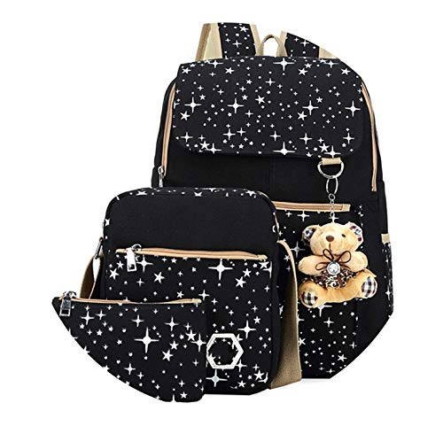Backpack Shoulder Bag For Teenage Girl Canvas School Bags Cute Bear 3 Set Backpack Female,Black