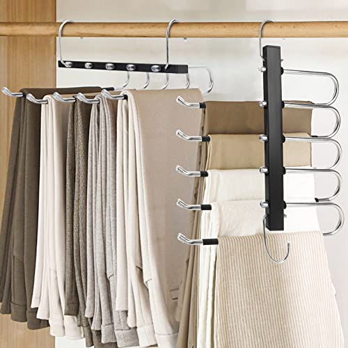 TAOPE Trouser Hangers Space Saving, 2 Pack Stainless Steel Hangers Pants Organizer, Non-Slip Closet Storage Organizer, 5 in 1 Scarf Holder for Skirts Jeans Scarves Belts Towels Ties Leggings - Black