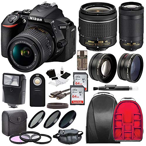 Nikon D5600 DSLR Camera with 18-55 and 70-300mm Lenses + Two 64GB Cards, Filters, Deluxe Professional Backpack and Accessory Kit