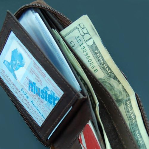 Genuine Cowhide Vintage Dark Brown Leagther Men's Zipper Leather Wallet with Id Window Front
