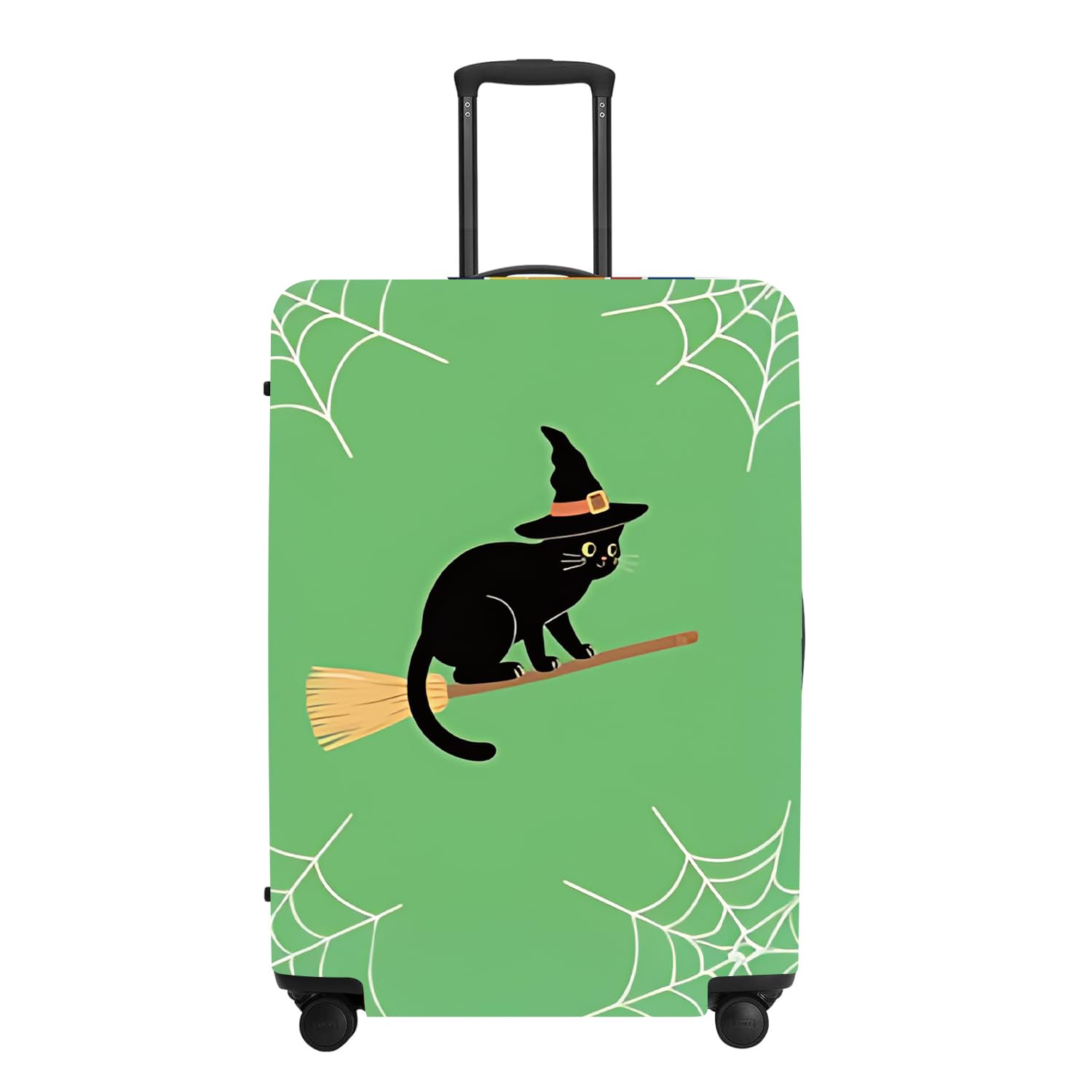 Photo 1 of Witch Cat Luggage Cover 18-32 Inch - Cats in Web on Green Suitcase Protector, Durable for Festival Trips