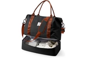 VECAVE Spirit Travel Duffel - 18x14x8 Inches Weekender Overnight Bag with Shoes Compartment, Trolley Sleeve & Carry On for Airplanes, Sport Tote Gym Bag - Black/Brown