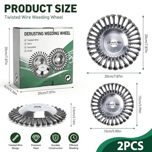 2 x Professional Weed Brush for Brush Cutter, 8 Inch + 6 Inch Wild Herb Brush for Brushcutter, Wire Brush Cutter 25.4 mm with Brush Cutter Accessories, Effective Weeds and Moss