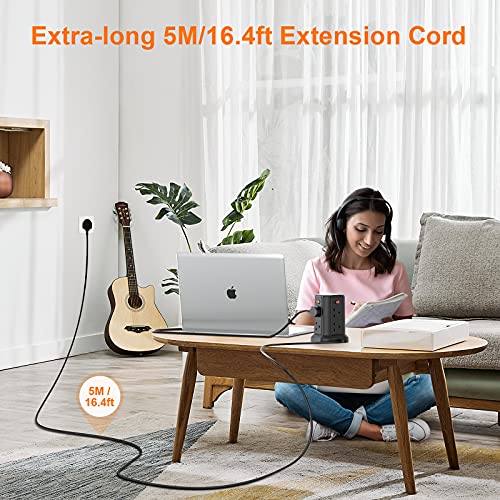 Tower Extension Lead 5M, bedee Plug Extension with 5 USB Slots (1 USB C /18W Fast Charging) and 8 Outlets, Surge Protector Power Strip Tower for TV PC Laptops iPhones with 5M Extension Cord, Black