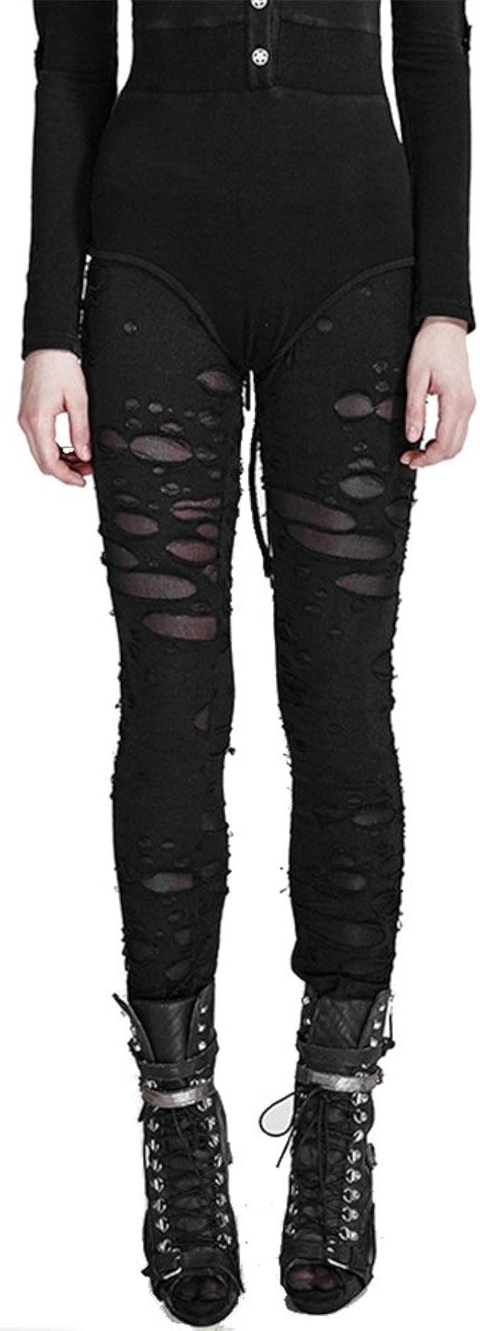 Punk Women Ripped Leggings Gothic Tattered Broken Closefitting Mesh