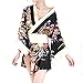 Superex Sexy Japanese Kimono Lingerie Costume Set Robe with Bow Belt, G-String (Black)