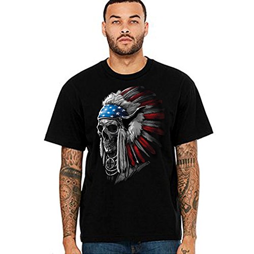 PATRIOTIC Native American Indian Chief Skull FLAG T-SHIRT-Black-2XL