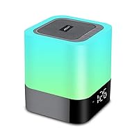 Aisuo Night Light-5 in 1 Bedside Lamp with Bluetooth Speaker, 12/24H Digital Calendar Alarm Clock, Touch Control, Support TF and SD Card, Music Player, Gift for Girls Boys Teens,Warm White