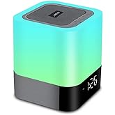 Aisuo Night Light-5 in 1 Bedside Lamp with Bluetooth Speaker, 12/24H Digital Calendar Alarm Clock, Touch Control, Support TF and SD Card, Music Player, Gift for Girls Boys Teens,Warm White