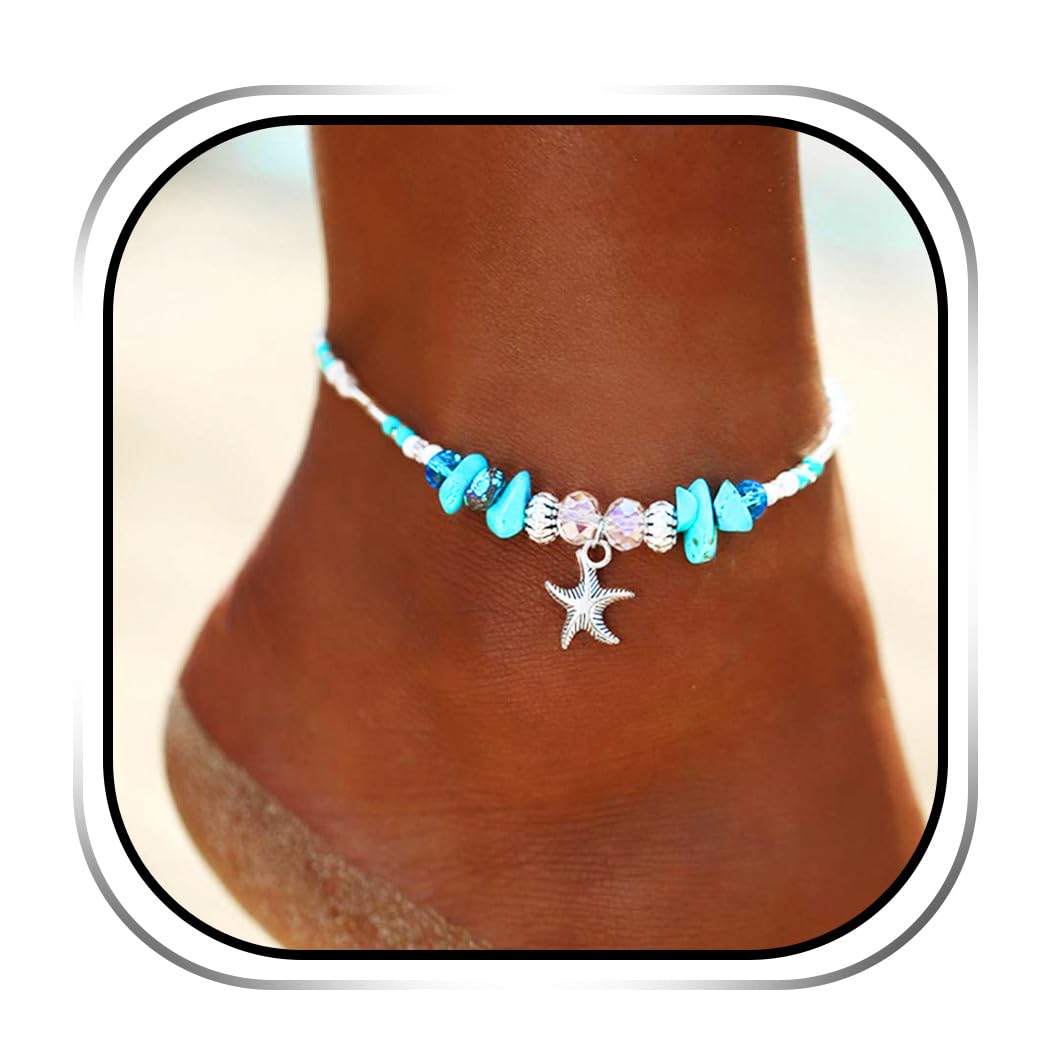 Handcess Boho Starfish Anklet Silver Turquoise Ankle Bracelets Beaded Foot Jewelry for Women and Girls