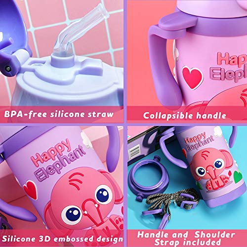 Kids Water Bottle With Straw Unicorn Thermoses Stainless Steel Insulated Vacuum Cup BPA Free Spillproof Thermal Water Cup For Girls School Lunch - With Handle And Shoulder Strap -12oz, Purple