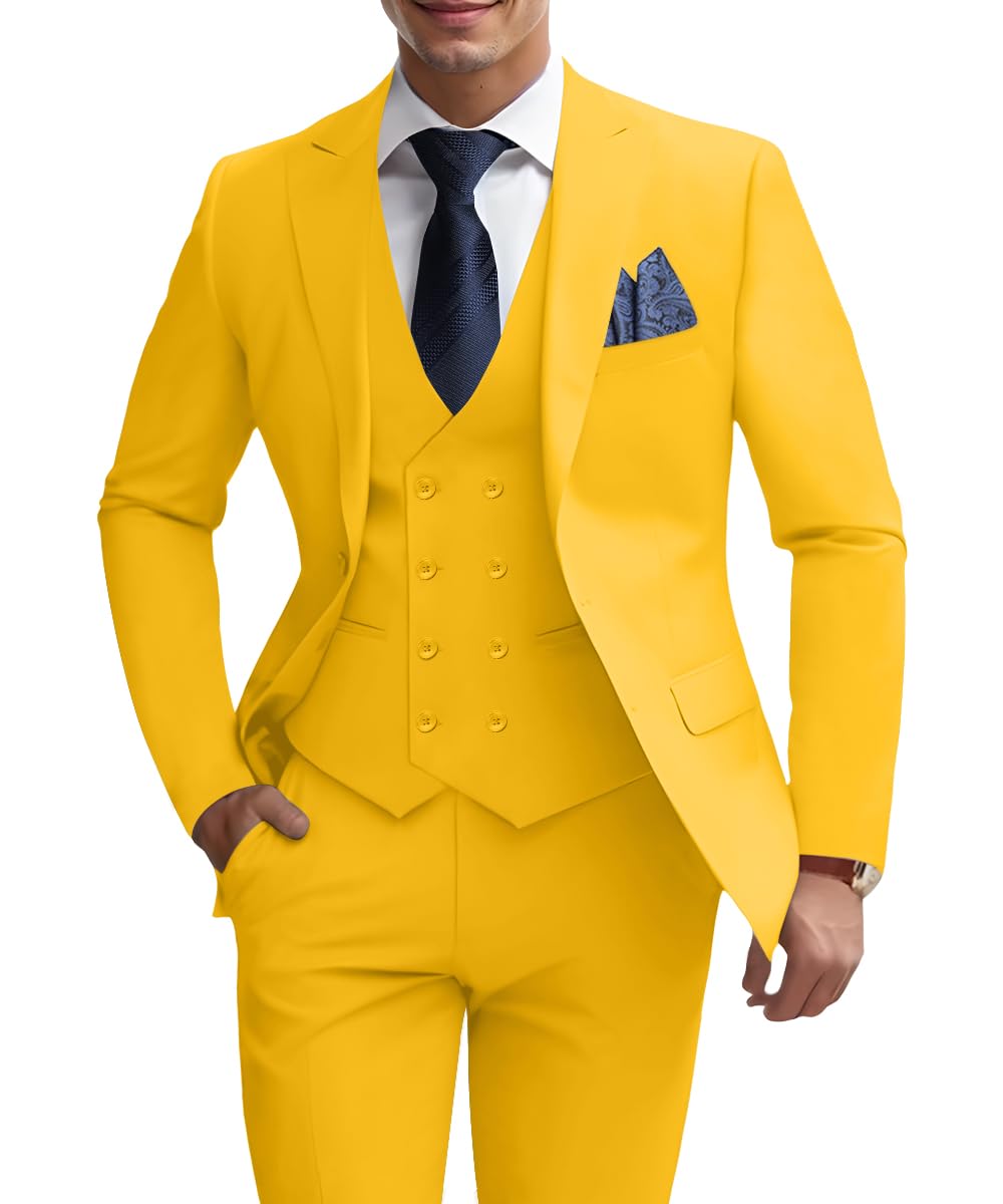 WOMS Men's 3 Piece Slim Fit Suit Yellow Wedding