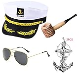 Yacht Captain & Sailor Costume Accessories Set - Hat,Corn Cob Pipe,Aviator Sunglasses,Vintage Anchor Temporary Tattoo (OneSize, C4)
