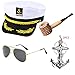 Yacht Captain & Sailor Costume Accessories Set - Hat,Corn Cob Pipe,Aviator Sunglasses,Vintage Anchor Temporary Tattoo (OneSize, C4)