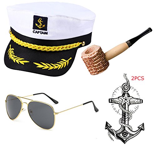 Yacht Captain & Sailor Costume Accessories Set - Hat,Corn Cob Pipe,Aviator Sunglasses,Vintage Anchor Temporary Tattoo (OneSize, C4)