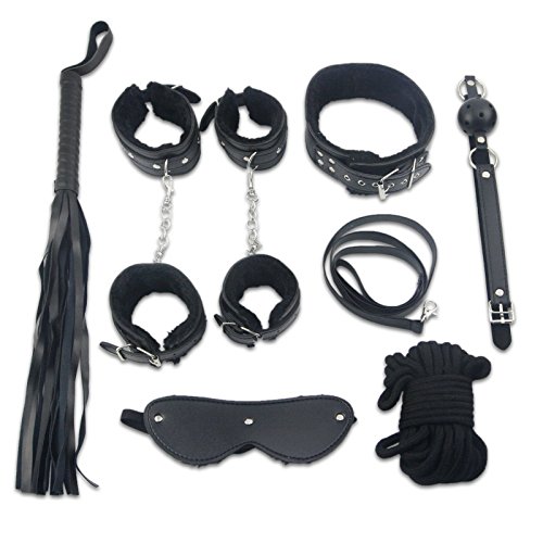 Y-Not Adult SM Bed Restraints Bondage Set (Hand Cuff, Neck Collar, Whip, Ball & Gag, Rope, & Blindfold)