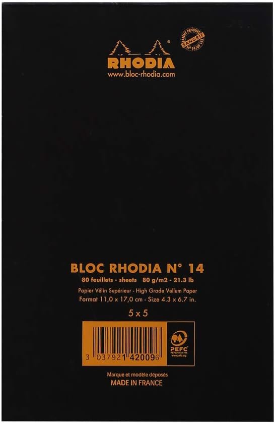 RHODIA 142009C, Stapled Notepad N°14 Black, 11x17 cm, Small Squares, 80 Detachable Sheets, White Clairefontaine Paper 80 g/m - Image 4