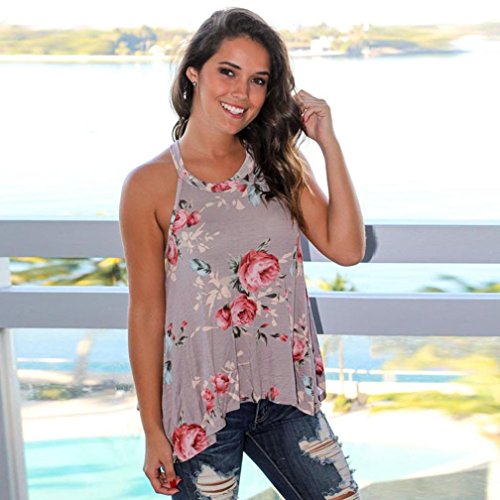 Summer Print Shirt Blouse Crew Neck Sleeveless Flowy Tank Tops (L, Gray)